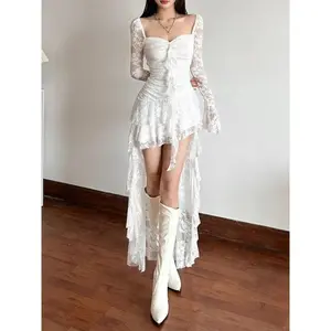 Summer Gothic Fairycore Lace Flare Sleeve Square Neck A-line Dress Sweet E-girl Irregular Long Hem Dresses Y2K Party Vestido New