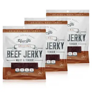 Sharifa Halal Beef Jerky, Original, (3) 2.85 oz. Bag – Great Everyday Halal Jerky Beef Meat Snack, 100% Real Zabiha Halal Beef, 13g of Protein, 70 Calories, 0g Trans Fat, & 2g of Carbohydrates