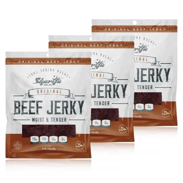 Sharifa Halal Beef Jerky, Original, (3) 2.85 oz. Bag – Great Everyday Halal Jerky Beef Meat Snack, 100% Real Zabiha Halal Beef, 13g of Protein, 70 Calories, 0g Trans Fat, & 2g of Carbohydrates