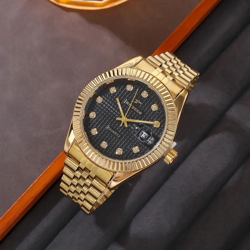 RICECGO 1pc men's, with a fashionable and durable stainless steel strap and a luxurious rhinestone dial, is suitable for wearing in various occasions and is a perfect gift for your boyfriend and father Analog Watch