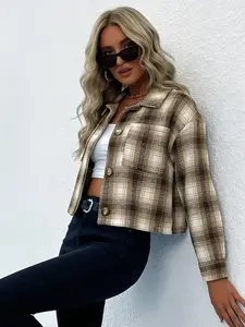 Women's Plaid Short Crop Shirt Jacket, Fitted Casual Outerwear, Perfect for Daily and Casual Dates, All Seasons