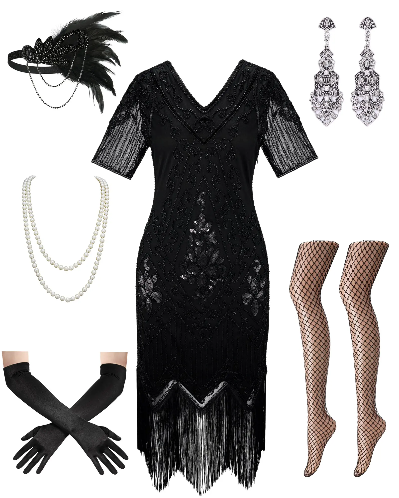 1920s Flapper Dress Great Gatsby Costume Set, Women Roaring 20s Beaded Fringe Dress with Feather Headband, Pearl Necklace, Earrings, Gloves & Fishnet Stockings, Vintage Party Cosplay Outfit