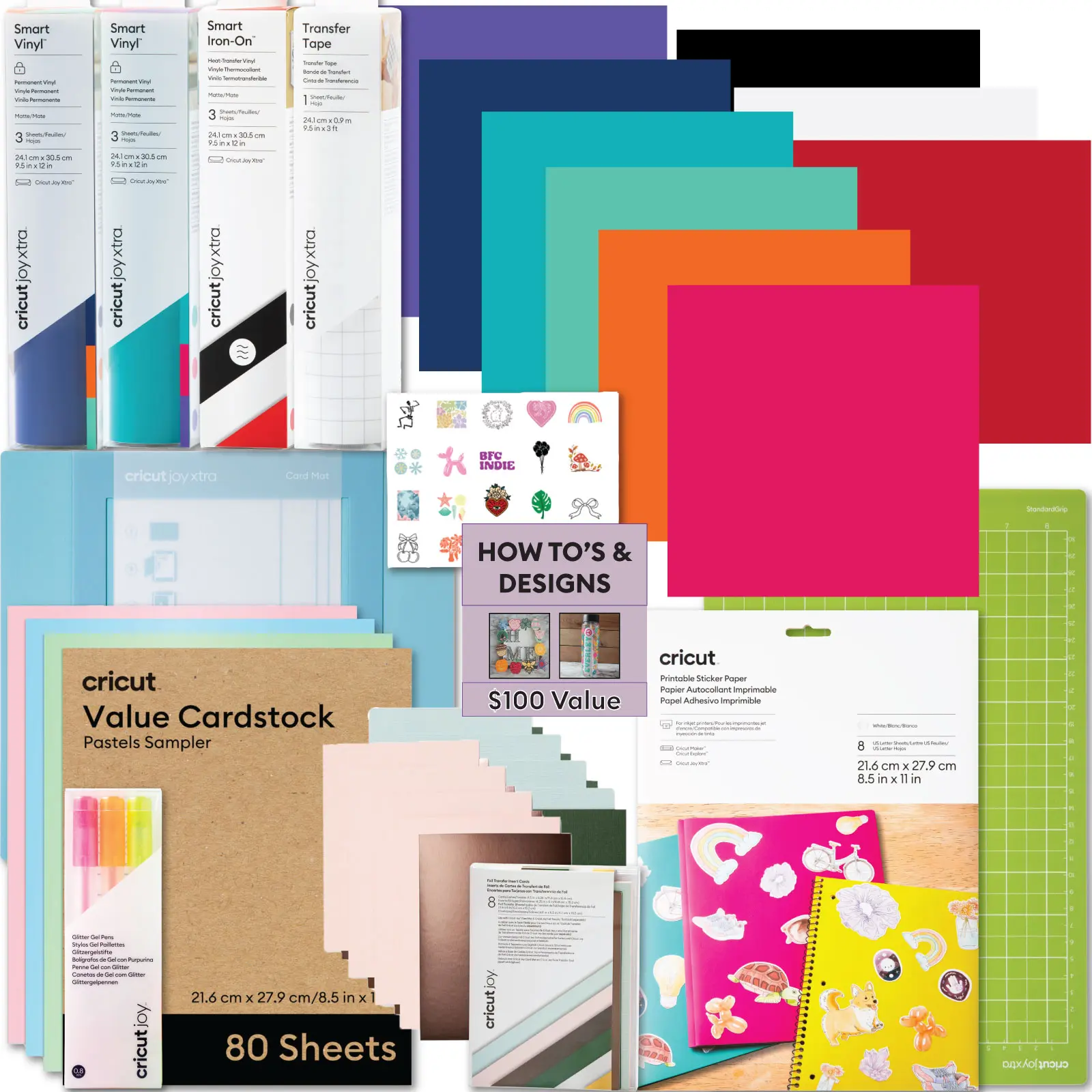 Cricut Ultimate All-in-One Materials and Accessories Bundle - 115+ Piece Beginner Sampler Material Kit for Cricut Joy Xtra Cutting Machines - Vinyl, HTV, Card Making Packs, Pens, Tools & Sticker Paper