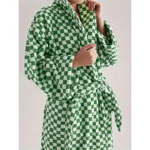 Men'sComfyCheckerboardPatternFleeceRobeHomePamas,ShawlCollar-pieceLaceUpKimonoNight-robeWithPocketsLongSleeveMenswear