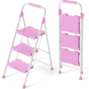 3 Step Ladder, Sturdy Step Stool with Handrail, Anti-Slip Wide Pedals, 900lbs Foldable Step Stool for Home, Garage, Garden, Household, Large Loading Capacity, Pink