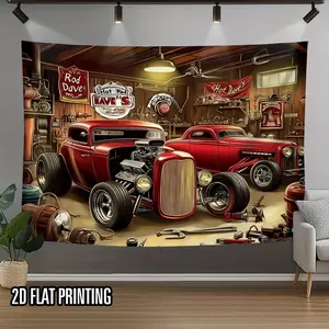 Vintage Garage Tapestry Hot Rod Backdrop Retro Car Theme Wall Hanging Photography Background for Bedroom Office Party Decoration Indoor Outdoor Polyester