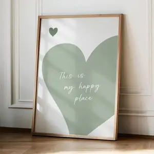 1pc Sage Green Wall Art Print - Modern Minimalist Happy Place Poster Suitable for Bedroom, Living Room, Green Kitchen Decor - Muted Green Tone Aesthetic, Unframed Neutral Palette for Calming Atmosphere