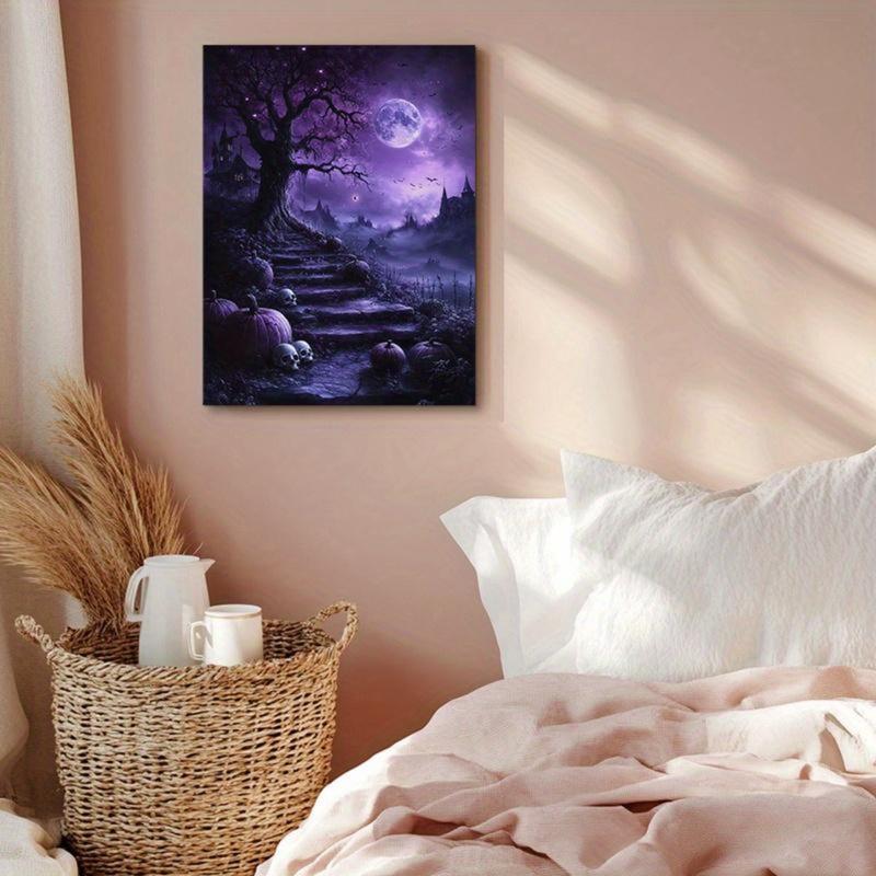 Frameless Gothic Tree and Moon Halloween Canvas Art Poster, Black Purple Sky , Exquisite Decorative Mural for Living Room, Bedroom, Corridor, Office - Ideal Gift for Friends Ornaments Decoration Wall Artistic