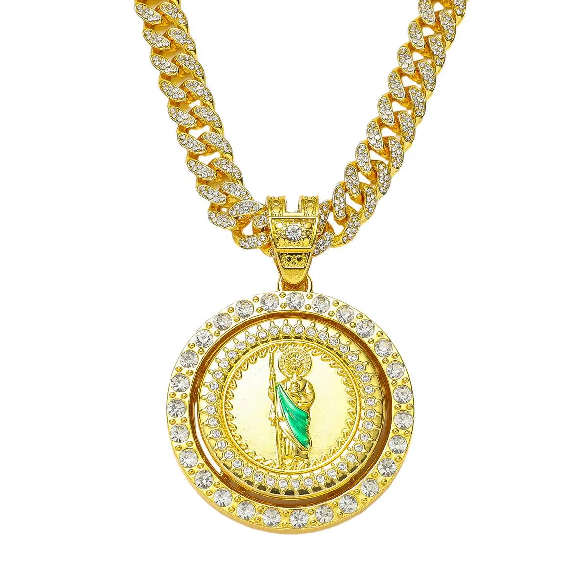 Men's Saint Jude Religious Necklace, 360° Rotating Amulet Pendant, 50cm Iced Out Gold Plated Eco Zinc Alloy Solid Cuban Link Chain, Male Wear Hip Hop Look Costume Jewelry