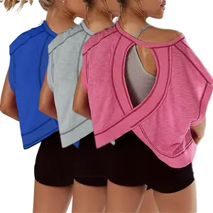 3Pcs/Set Womens Cotton Open Back Top Oversized Short Sleeve Workout Crop Shirts Casual Running Athletic Gym Yoga Activewear Tees Streetwear,summervibes Fitness Clothes Tops Sport Top