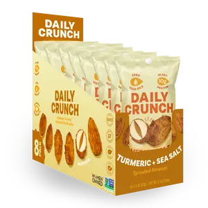 Daily Crunch Turmeric & Sea Salt Sprouted Almonds - Savory Umami Crunchy Snack Pack - 8 Bags x 1.5 oz - Plant-Based Protein