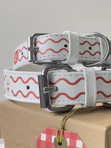 CALIDOG Waves Pattern Genuine Leather Dog Collar with Stainless Steel Accessories