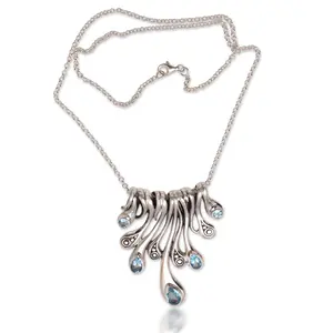 NOVICA Artisan Handmade Blue Topaz Pendant Necklace Teardrop from Bali Sterling Silver Indonesia Gemstone Modern [necklace Length 18 in L Necklace Width 2 mm W Pendant(s) 2 in L x 1.8 in W x 0.2 in D]