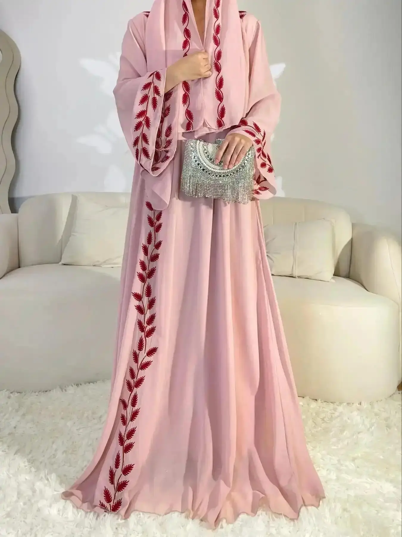 Arabic Clothing-Leaf Embroidered Bell Sleeve Chiffon Maxi Arabian Dress with Hijab, Elegant Long Kaftan Dresses Loose Abayas, Muslim Dress Islamic Clothes, Modest Islamic Fashion, Everyday Hijab Outfit
