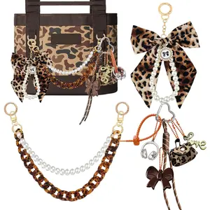 YPINGABS 9PCS Tote Bag Decor Kit, Pearl Tassel Bow, Mini Bag, Love & Earphone Charms, Acrylic & Pearl Chains, Compatible with for YETI Camino 20/35/50 Carryall, Bogg Beach Tote Bags(Leopard Print)