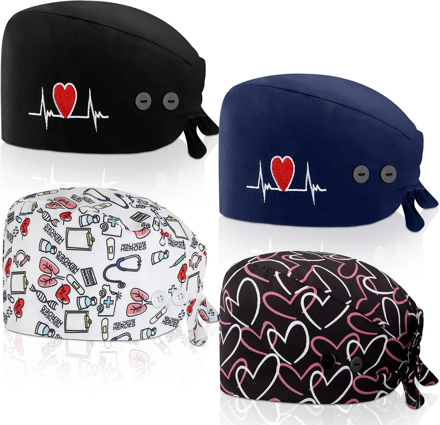 Unittype 4 Pcs Nurse Caps for Women Nursing Working Caps with Button and Sweatband Adjustable Elastic Scrub Hats for Dentist