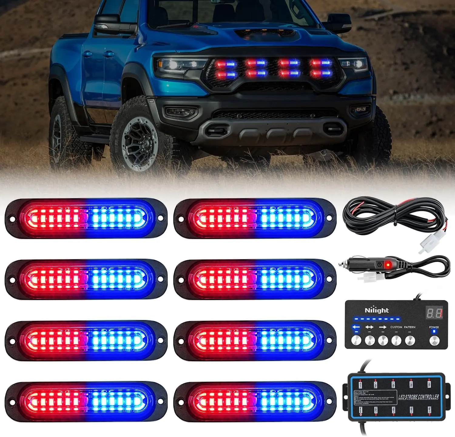 Nilight 8PCS 12V-24V LED Strobe Light Kit, 12-LED Surface Mount Lights with Sync Controller for Vehicles, Cars, Trucks Led Backlights