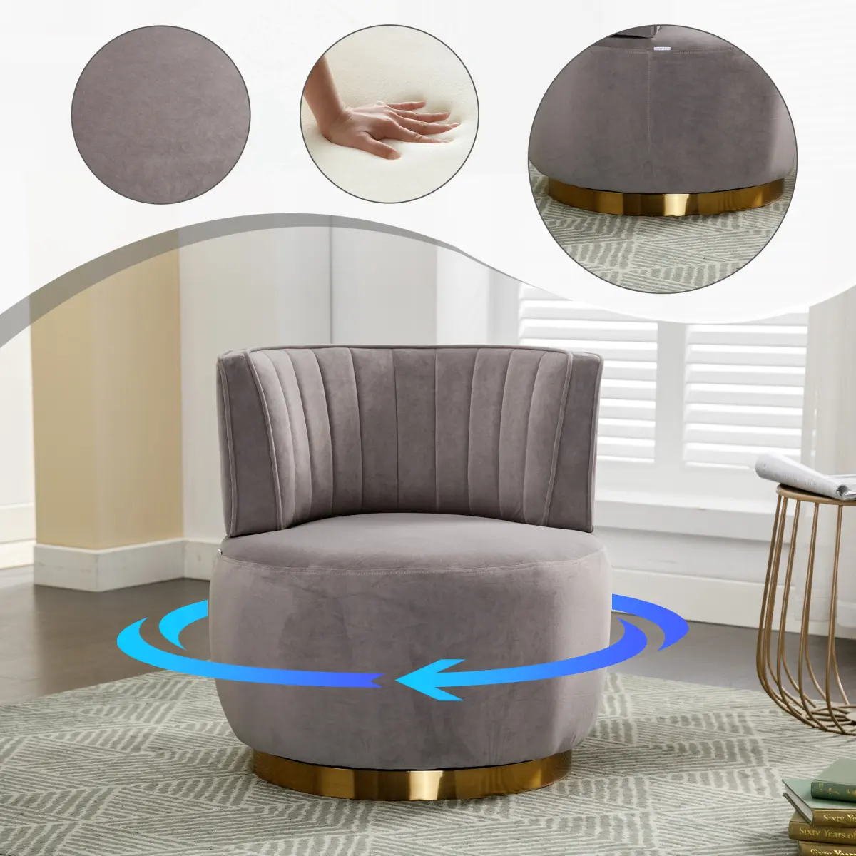 360-Degree Swivel Fluffy Velvet Cushioned Tub Accent Chair, Round-Arm Wide Upholstered Chair for Living Room, Bedroom, Cushioned Tub Chairs
