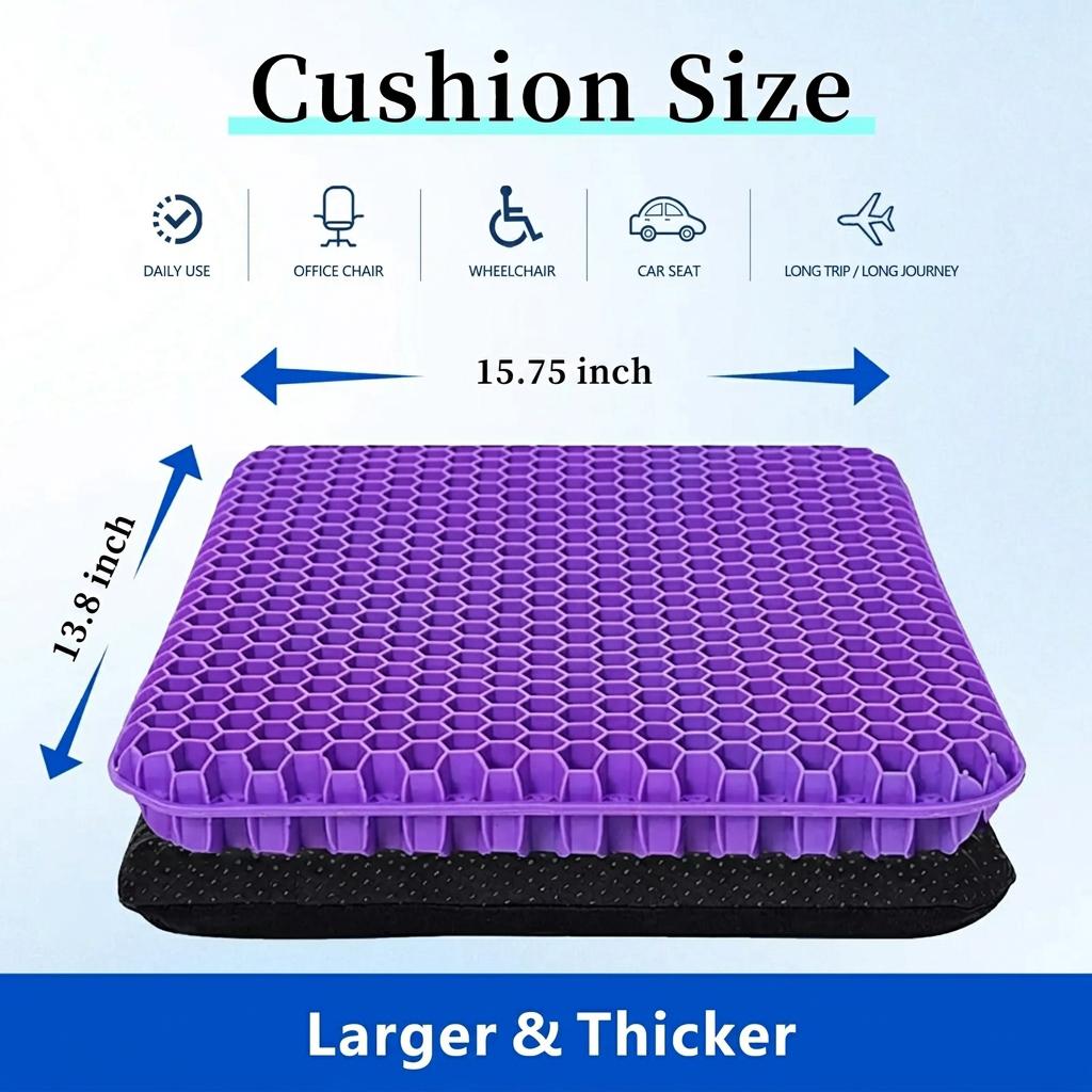 Double-Layer Extra-Thick Gel Seat Cushion — Honeycomb Breathable Pad | Dimensions: 15.75 x 13.8 x 1 In | Ideal for Camping, Office Use, Car Travel, Wheelchairs, and Fishing — Non-Slip & Portable Chair Cushion | Designed for Outdoor Activities and Travel