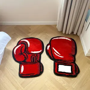 Boxing Gloves Fluffy Tufted Accent Rug – Sports-Themed Shaped Bedroom Floor Mat