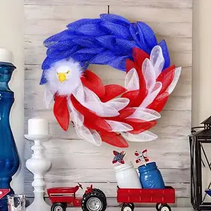 Patriotic Eagle Wreath for Independence Day, Blue Twisted Mesh Style with 3D Bald Eagle Decor, Door Wall Fireplace Decoration for Celebrating July 4th