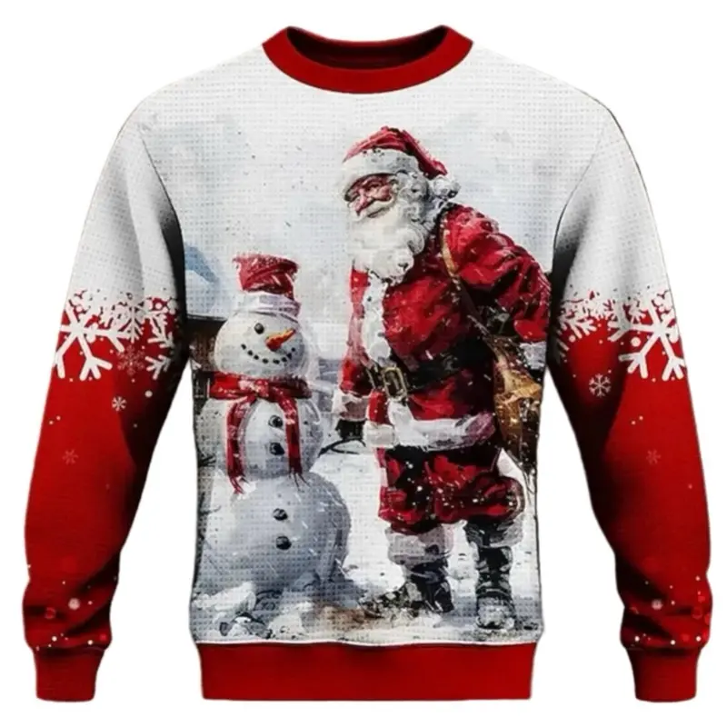 Unisex Ugly Christmas Sweater - Funny Holiday Knit Pullover with Santa and Snowman Design Long Sleeve