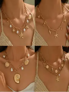 Boho Pearl Shell Necklace Set, Multi-Layer Design with Starfish and Conch Elements, Perfect for Summer Beach Vacation Jewelry