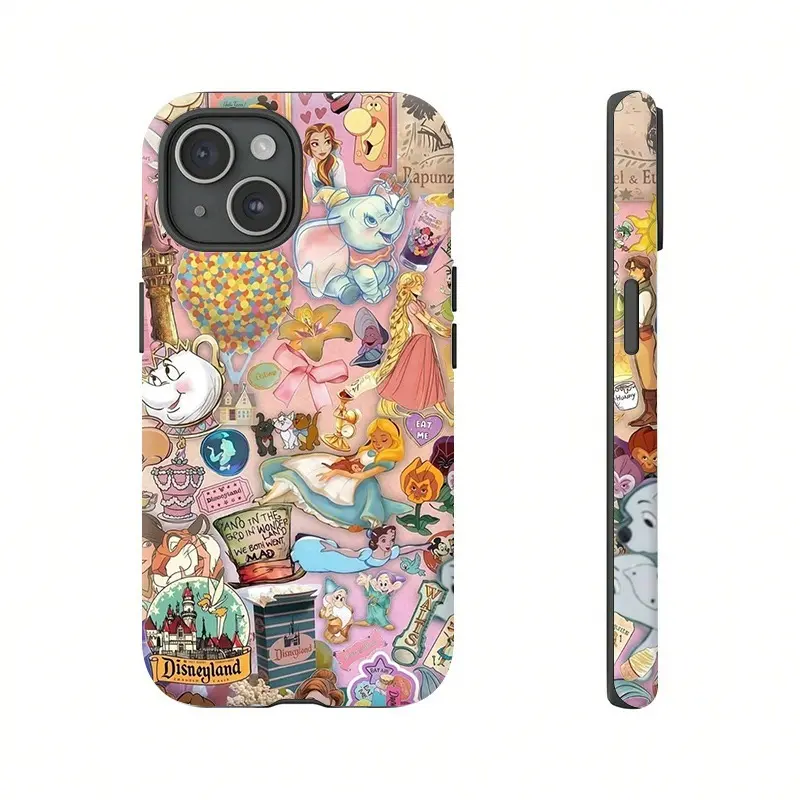 Soft Pink Pastel Fairy Tale Cartoon Sticker Bomb Collage Print Hard Dual Layer Shockproof Phone Case Cute Princess Scrapbook Aesthetic Drop Resistant Protective Cover Compatible with iPhone 7-17 & Samsung S23-S26 Series
