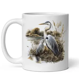 Retro Great Blue Heron Marsh Scene Mug - 90s Birding Bird Lover Gift - Birds Wildlife Nature Black Mug #460