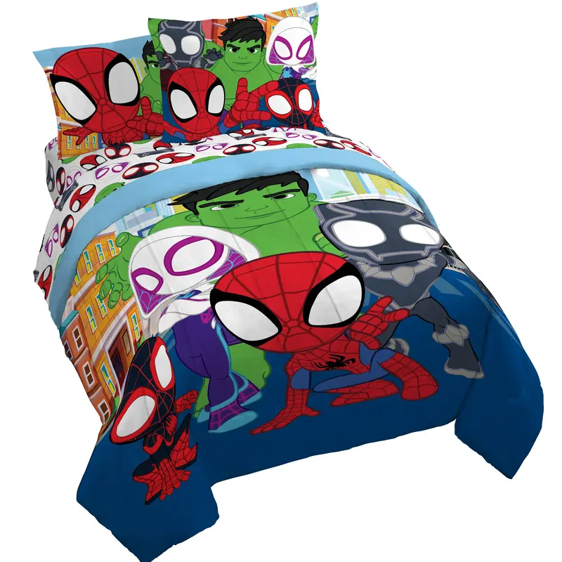 JAY FRANCO Sunny Side Up Spidey & His Amazing Friends Bedding Set - Cartoon Superhero Bedding with Miles Morales, Black Panther, Ghost-Spider Character Prints (Textiles & Soft Furnishings Collection)