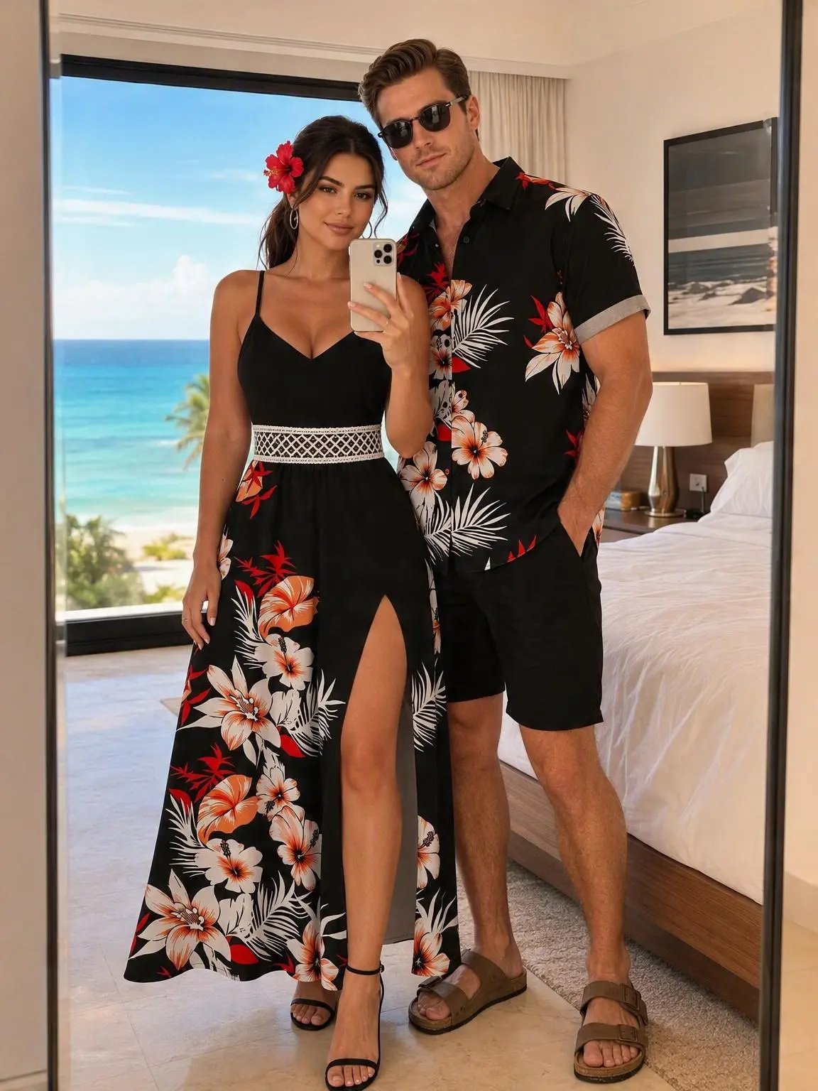 DRESSLILY 2026 Vacation Couple Outfit Hibiscus Floral Tropical Leaf Print Lace Hollow Out Slit Dress and Shirt Set