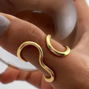Asymmetrical Wavy Stainless Steel Ring – Adjustable Open Band Minimalist Statement Ring for Women