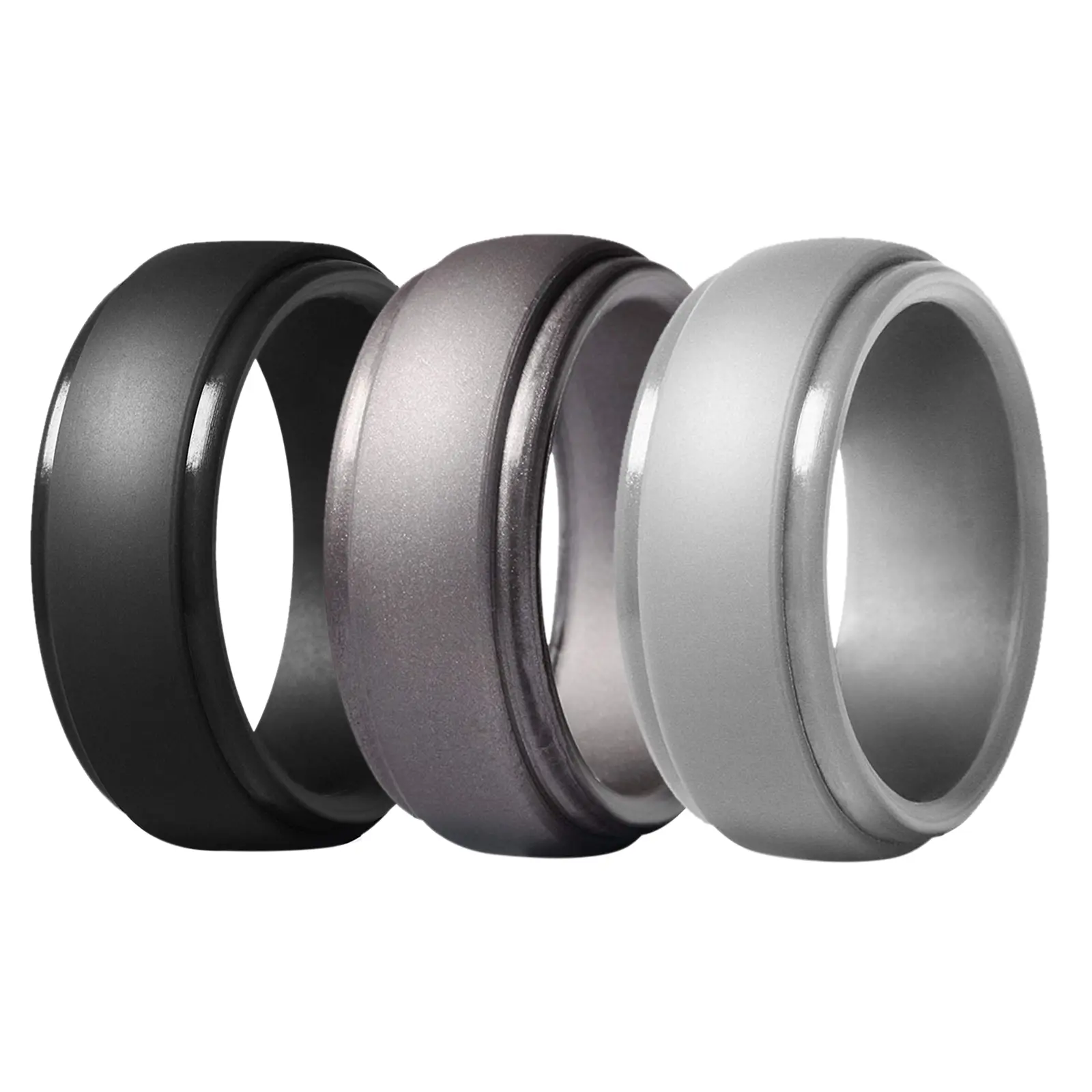 OIDEA Men's 8mm Liquid Silicone Wedding Ring Set - 3-Pack Breathable Stepped Edge Rubber Bands, Sport Workout Use, Engagement Anniversary Valentine's Gift, Liquid Silicone Rings, Ring Set Rings