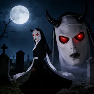 This Dark Demon Horn Nun Latex Mask features a pale matte finish, black curved horns, large blood-red pupils, deep black lips, a black hood with white lining and dangling white ribbons. The details are exquisite, creating a dark, alluring, and sinister lo