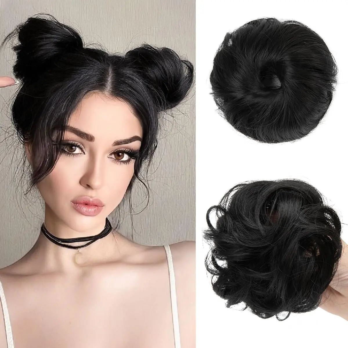 GEEOE HAIR 2PCs Small Cute Messy Bun Hair Piece for Thin Hair Women Mini Synthetic Curly Bun Scrunchies Updo Hairpieces Dirty Blonde