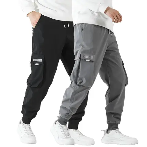 Men's 2-Pack Elastic Drawstring Woven Cargo Joggers - Regular Fit, Regular Size, Full Length, Streetwear, Patched Letter Design, Comfy Wear-Resistant Polyester Clothing, Wear-Resistant Fabric for Daily Use