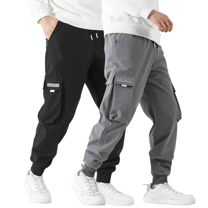 Men's 2-Pack Elastic Drawstring Woven Cargo Joggers - Regular Fit, Regular Size, Full Length, Streetwear, Patched Letter Design, Comfy Wear-Resistant Polyester Clothing, Wear-Resistant Fabric for Daily Use