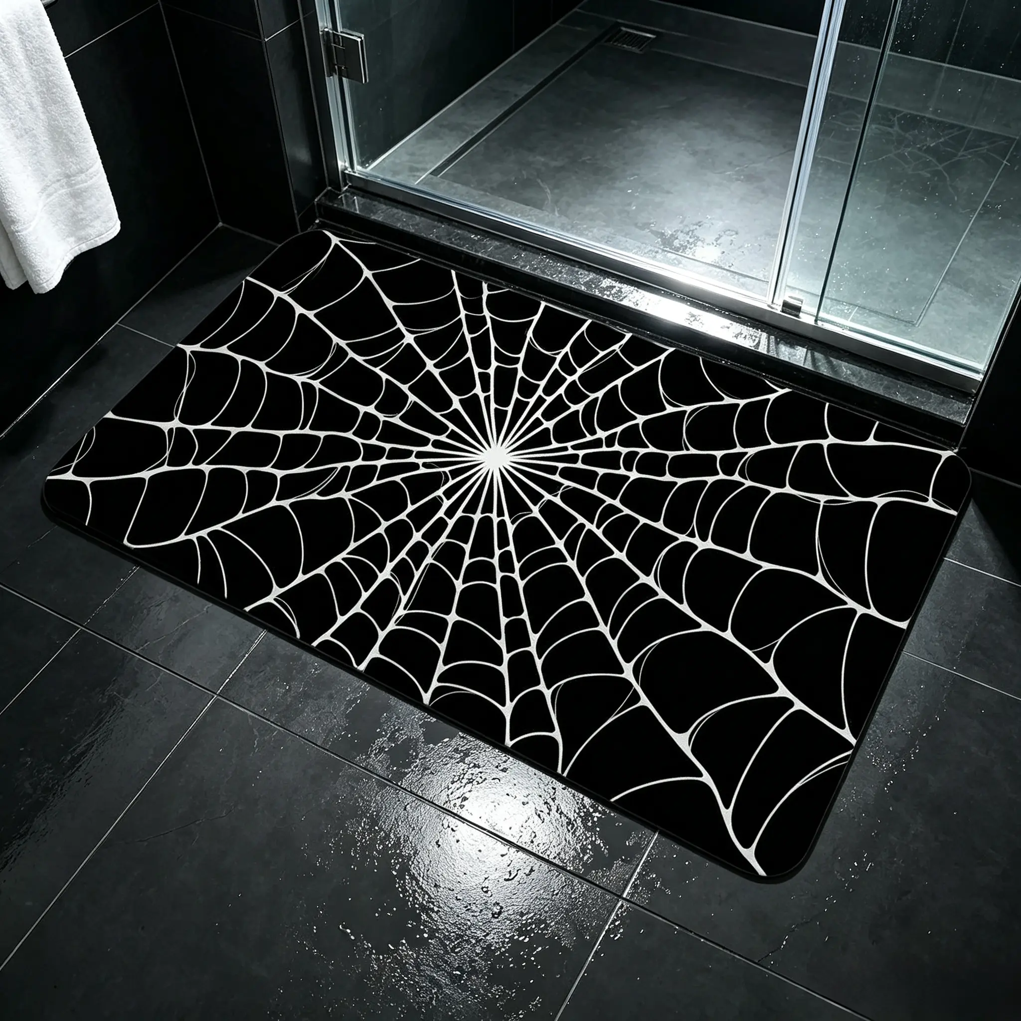 Minimalist White Cobweb Tunnel Optical Illusion Flannel Bathroom Mat, Spooky Gothic Dark Aesthetic Non Slip Absorbent Indoor Shower Doormat, Halloween Horror Black Decorative Low Profile Entryway Floor Rug, Cool Alternative Goth Home Decor Carpet,