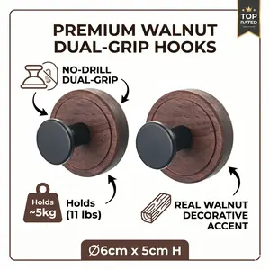 Premium Walnut & Matte Black Adhesive Wall Hooks (2-Pack) Organiser door hangers