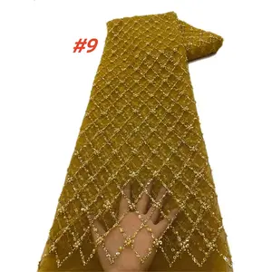African Sequins Lace Fabric, High Quality French Nigerian Groom Mesh Beaded Material for Sewing Dresses Wedding Party
