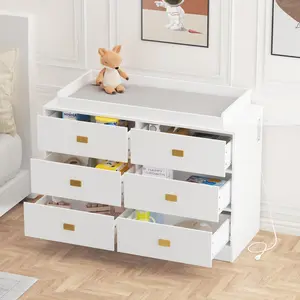 【GARVEE】Baby Changing Table Dresser, Wide Chest of Drawers with Changing Table Top, Nursery Storage Organizer for Infant with Power Outlets, Changing Pad & Removable Top (White)