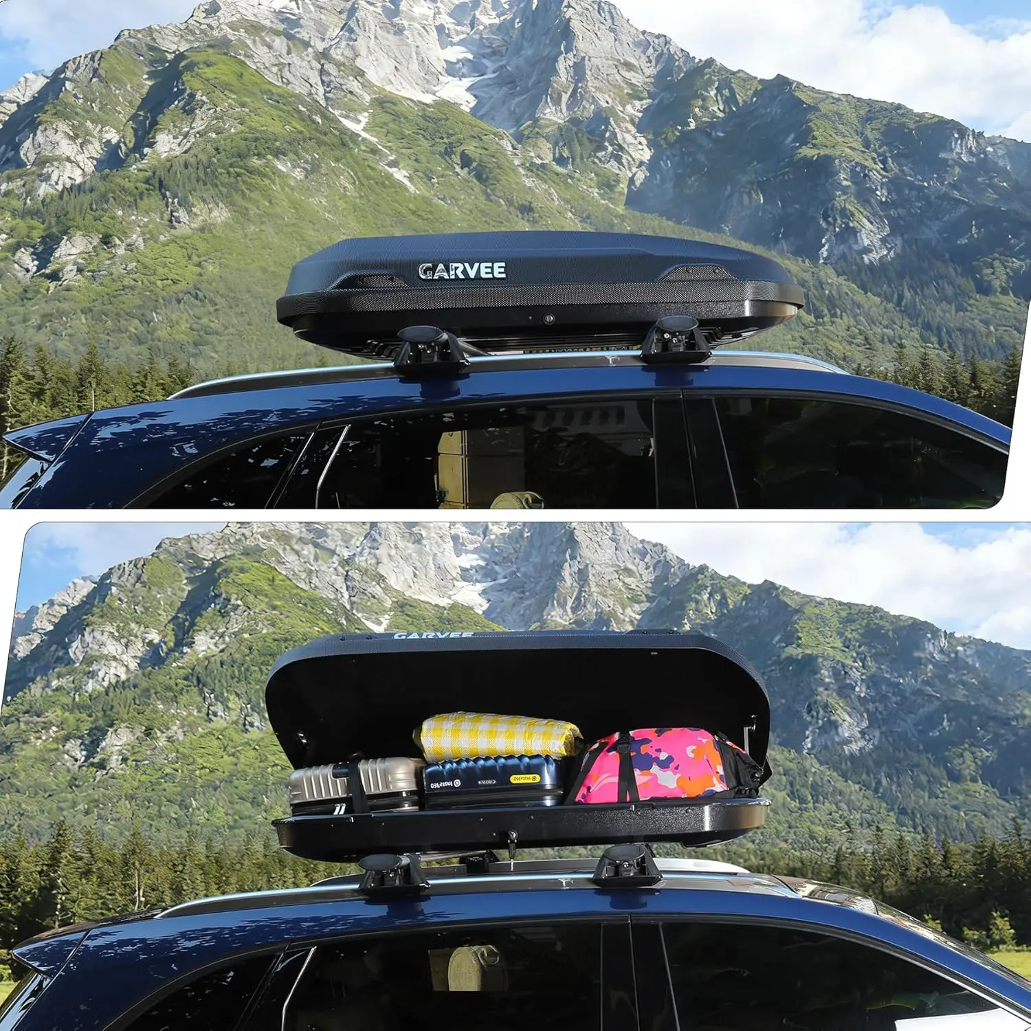 Garvee Hard Shell Rooftop Cargo Box – Dual-Side Opening Roof Luggage Storage, 135 lbs Capacity, Secure Straps & Keys, Global Fit for Vehicles, Ideal for Travel & Extra Storage – Black(11.5 Cubic)