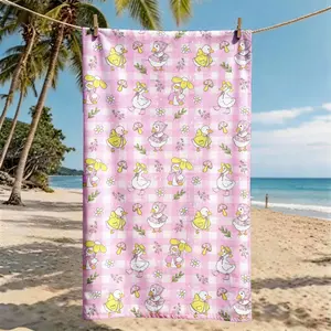 A Pink Checkered Cute Cartoon Duck Printed Beach Towel - Oversized, Skin-friendly, Absorbent and Quick-drying, Perfect for Beach and Pool Leisure, Ideal for Summer Trips - Suitable for Seaside Vacations, Pool Parties and Outdoor Picnics