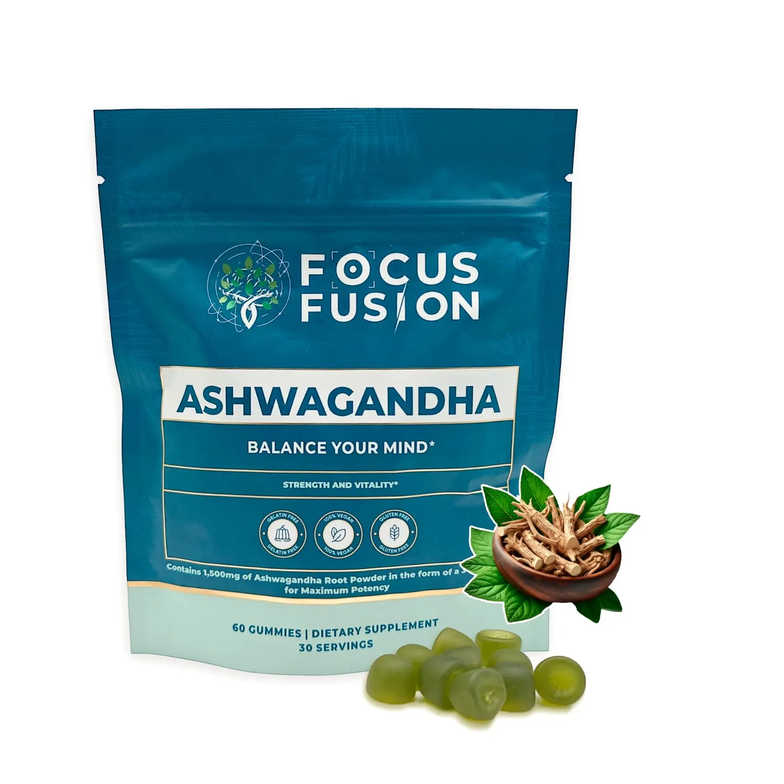 Focus Fusion Organic Ashwagandha Gummies - 30:1 Plant-Based Wellness Blend for Calm Focus & Inner Balance - 60 Vegan Gummies for Stress Relief & Mental Clarity - High Potency Supplement