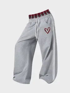 Unisex Casual Wide Leg Pants, Heart Print & Plaid Waistband, Drawstring Pockets, Comfortable Streetwear for Fall&winter