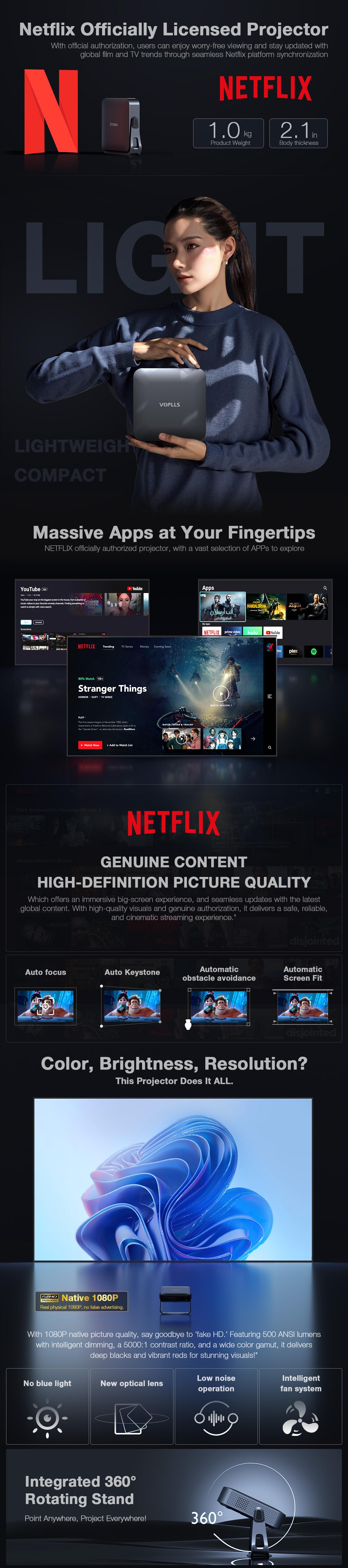 VOPLLS Portable Mini Projector for Home & Outdoor Movie Nights, 500 ANSI Lumen Brightness with Built-in Speaker (Supports 1080P/4K Content, Auto Focus, WiFi/Bluetooth, HDMI/USB-C)