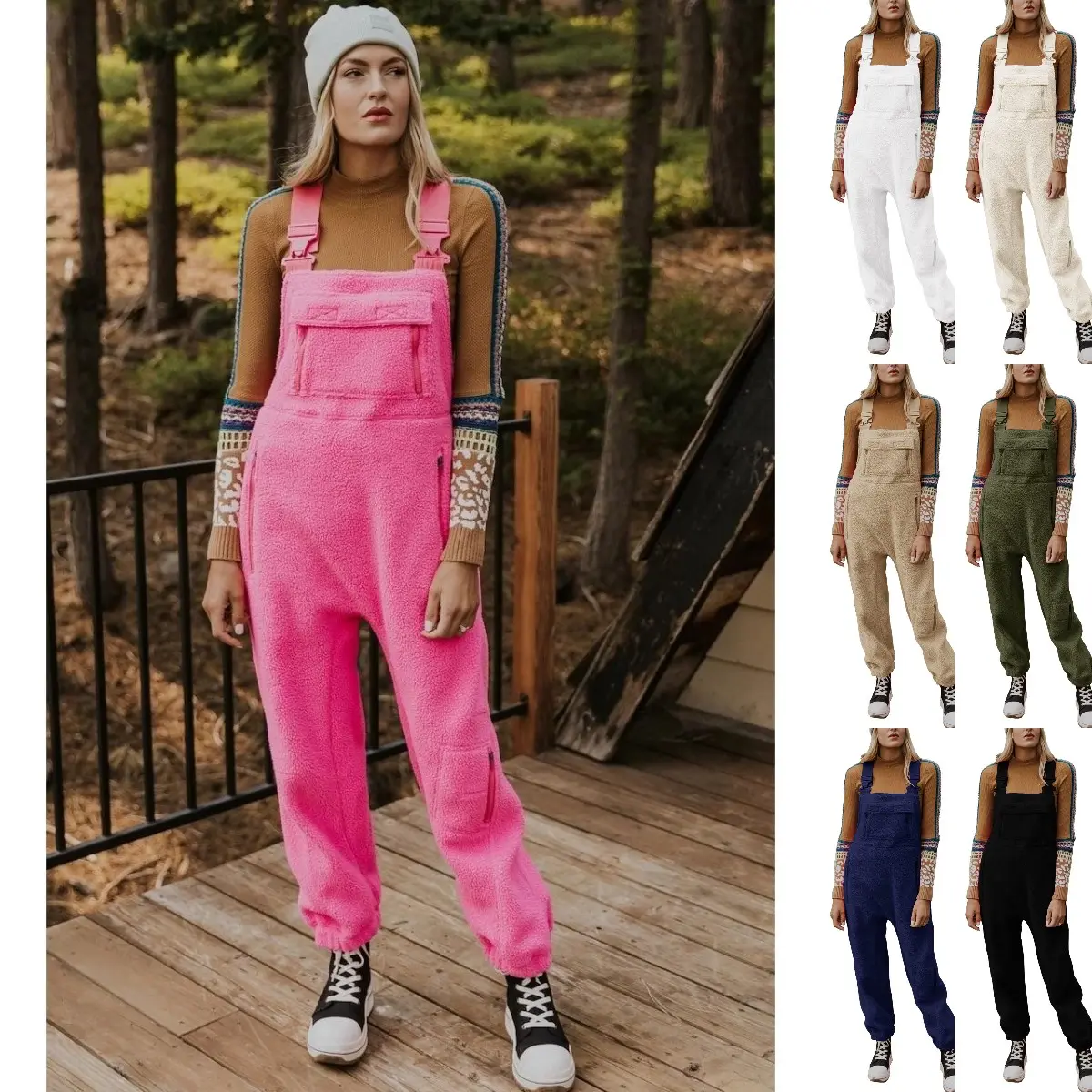Women's Comfy Fleece Bib Overalls, Loose-Fit Casual Winter Jumpsuit with Adjustable Elastic Buckle Straps and Zipper Pockets, Outfits, Outdoors, Clothes, Lady