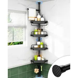 Extendable Rustproof Stainless Steel Tension Corner Shower Caddy, 4-Tier Adjustable Shelves for Easy Drainage, Stable, 34 to 116 Inches, Black