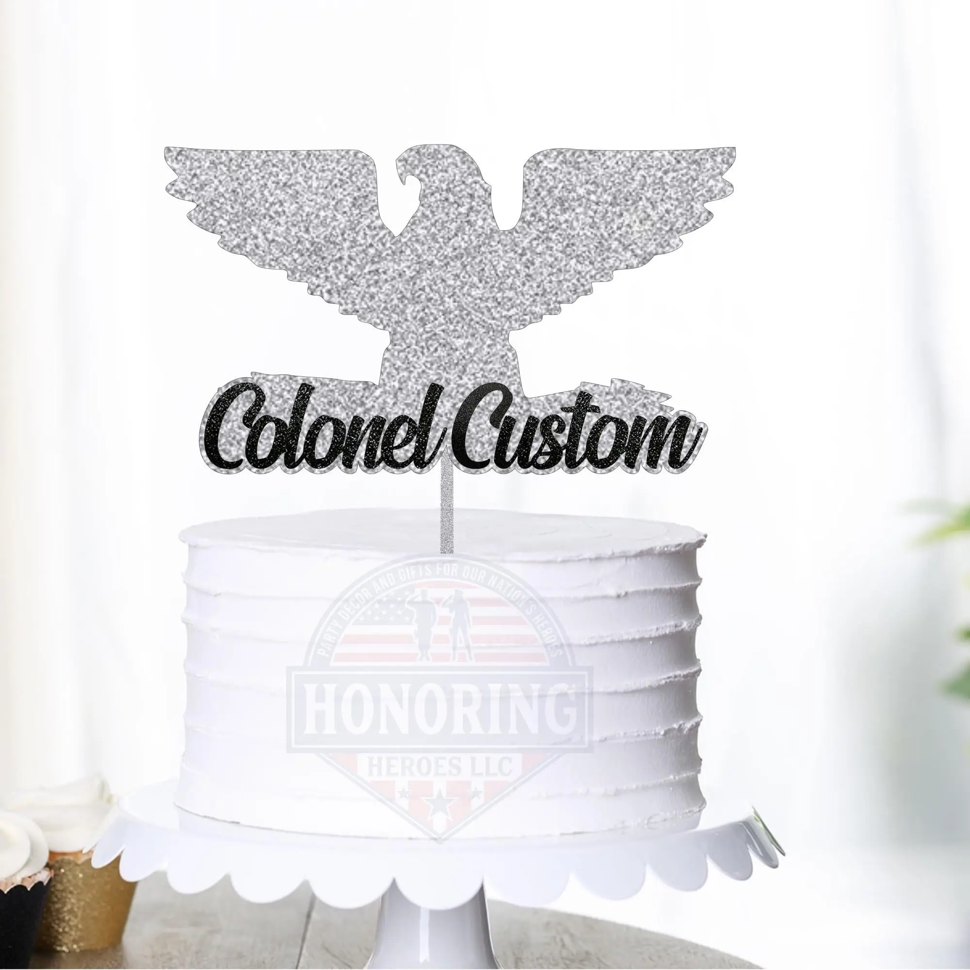 Silver Glitter Military Cake Topper – Retirement, Promotion, Personalized NO SHED!