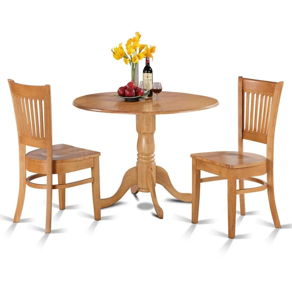 Traditional Durable Solid Wood 3-Piece Round Drop-Leaf Compact Kitchen Nook Set with Slatted Chairs and Reinforced Joinery